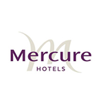 Logo of Mercure Hotels featuring elegant typography in purple and beige colors.